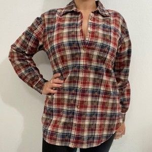 Krazy Kat Women's L Red Plaid Leaf Embroidered Button Front Collared Shirt Prepp